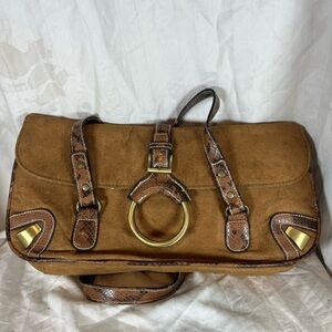 Brown Suede Handbag with Gold Accents